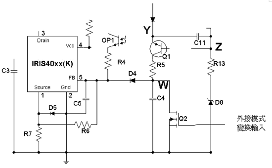 《圖二　電路從QR模式變為PRC模式的洩極波形(CH1)/Vcc(CH2)/FB(CH3)和負載電流(CH4)》