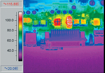 《图四 现行方案的红外线摄影照片，fSW=220KHz, Iout=40A: 最高表壳 106.7℃, 最高导线 90.4℃ 》