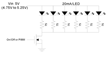 《图一 使用5V固定偏压与75Ω镇流电阻来达到大约相同的白光LED亮度匹配》