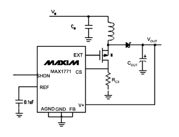 《圖十　在控制器晶片之外，此典型SMPS電路只需要一個電感、電阻及輸出入電容即可完成》