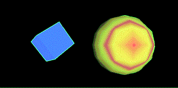 《图一 VRML（左图）与X3（右图）语法描述范例所呈现的结果》