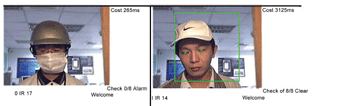 《图三 左图：脸被遮蔽的Alarm状态，右图：脸没有被遮蔽的正常（Clear）状态》