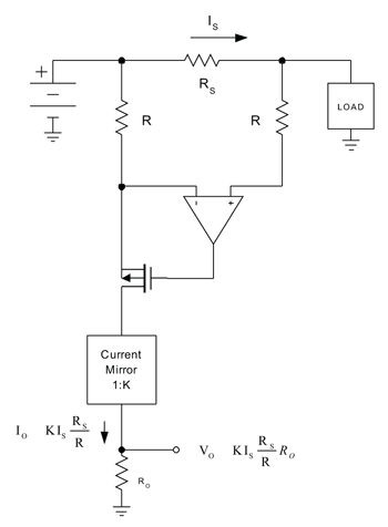 《图三 高电压端电流感测放大器会输出一个正比于负载电流的电压》