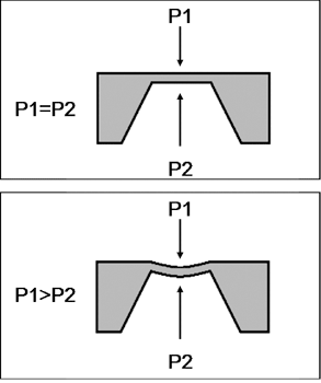 《图三 瓣膜上下施加压力相等时（上半图）以及上方压力较高时（下半图）的示范》