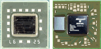《图一 Xbox 360中的IBM CPU（左）和ATI GPU（右图中较大的芯片）》