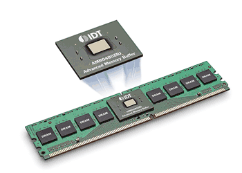 《圖二  FB-DIMM主要是在既有的DIMM模組上加裝一顆轉化功用的AMB晶片》