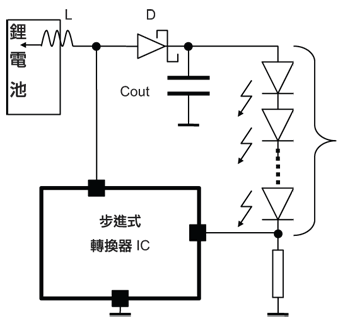 《图二 用于驱动标准白光LED的步进（升压）转换器电路》