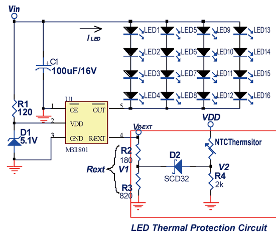 《圖三　MBI1801搭配LED過溫度保護的完整電路》