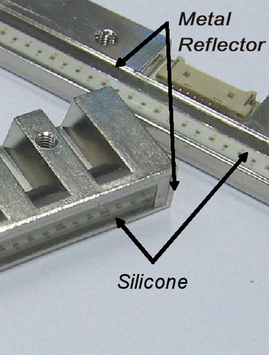 《图三 采用硅树脂封装与金属反射器的COB封装结构》