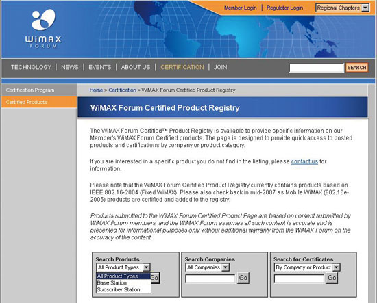 《圖一    WiMAX Forum的官方網站可查詢已通過WiMAX Forum認證的WiMAX裝置、設備，通過認證稱為「WiMAX Forum Certified」，WiMAX Forum表示其他以「WiMAX-ready」、「WiMAX-compliant」、「pre-WiMAX」之名者銷售者並未通過正式的WiMAX Forum認證。（資料來源：http://www.wimaxforum.org/kshowcase/view/）》