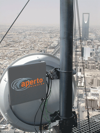《图六 Aperto Networks公司的PacketWave系列基地台及其天线，装设在沙特阿拉伯利雅得（Riyadh）市的建物上。（数据源：http://www.apertonet.com）》