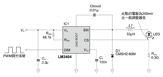 《圖十一　另一款降壓型切換轉換器構成的LED驅動電路》