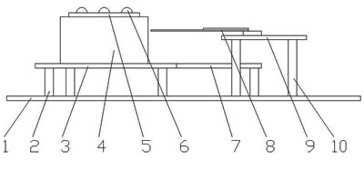 《圖十　實驗架構前視圖：（1）底座（2）六角支撐柱（3）散熱鰭片底座（4）LED（3W60ln）（5）鋁基板（6）散熱鰭片（7）壓電扇片（8）風扇固定孔（9）固定風扇基座(10)六角支撐柱》