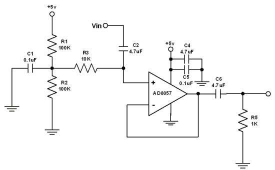《图三 交流耦合（AC coupled）频率缓冲（单一增益）》