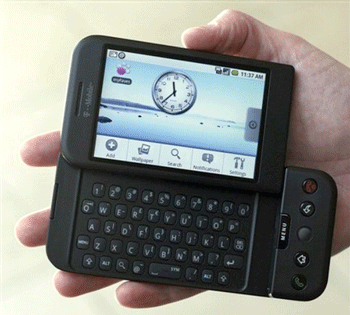 《圖四　由T-Mobile所銷售、台灣宏達電（HTC）所代工的Android G1手機（資料來源：美聯社）》