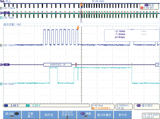 《图七 因突刺引起的I2C遗失确认波形（Measured by Tektronix DPO4104）》