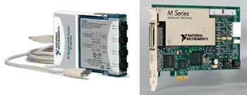 《圖二　模組化儀控的量測硬體選項，左為USB週邊模組；右為PCI Express的插入式模組》