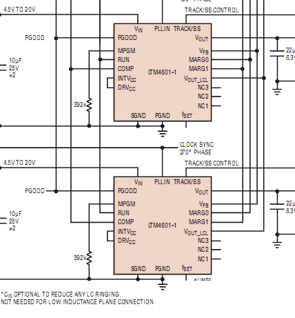《圖二 原理圖，簡單地並聯多個 DC/DC uModule穩壓器系統，以實現更高的輸出電流。電路板佈局就像複製和粘貼每個uModule穩壓器的佈局一樣容易，僅需要非常少的外部元件。》