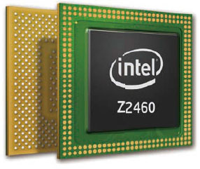 《圖二  平台代號Medfield的具體化晶片名稱為Atom Z2460，即Atom Z2xxx系列系統單晶片，但仍須搭配外部電源管理晶片與無線晶片。（圖片來源：Intel）》