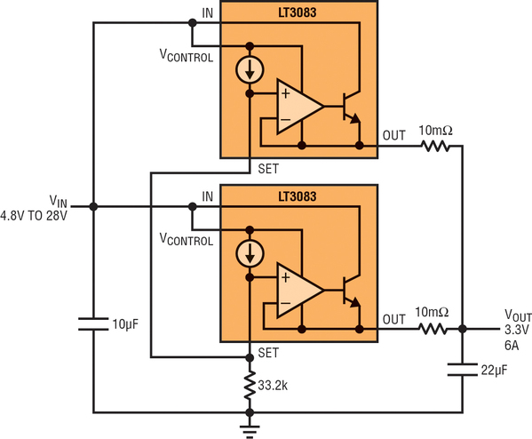 图三 : 并联稳压器以获得较高电流与分散热能