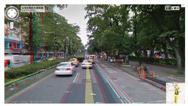 圖三 :   Google街景只要選擇「3D mode on」，即出現支援色偏眼鏡式的3D效果。（圖片來源：maps.google.com.tw）