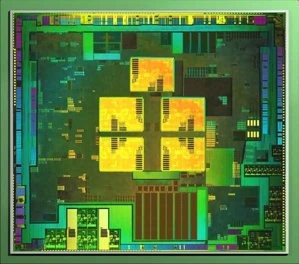 图二 : NVIDIA Tegra 3芯片的裸晶图，可明显看到中间5个Cortex-A9核心，其中有1颗以低频运作为主。（图片来源：NVIDIA）