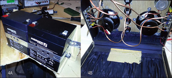图四 : 装在盒中的电池(4A)。裁掉一段手提箱里衬，以便黏接电池盒。电池盒放在手提箱的背面底部，以平衡扬声器的重量(4B)。