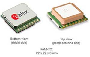 图三 : 内建贴片天线的u-blox PAM-7Q GPS天线模块，尺寸为22x22x8mm