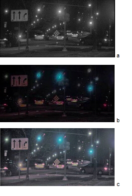 圖一 : 一個夜間城市交通場景：照度圖片（a）與RGB彩色圖片（b）結合在一起形成合成圖片（c）