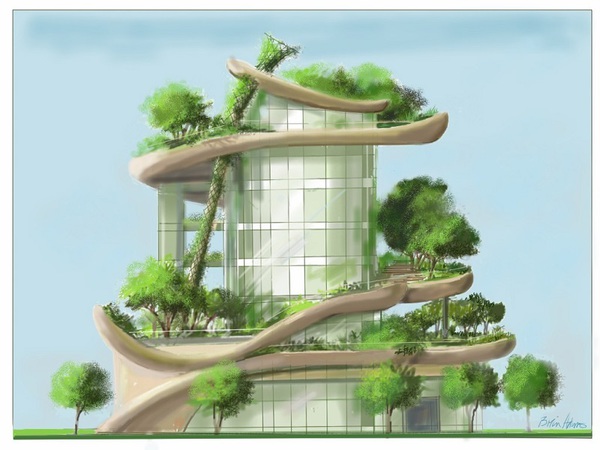 图一 : 新一代的智能建筑，经常结合了绿能与环保等概念，成为绿建筑的代名词。
