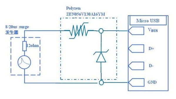 图五 : 浪涌测试电路图（USB电源上加mini PolyZen器件）