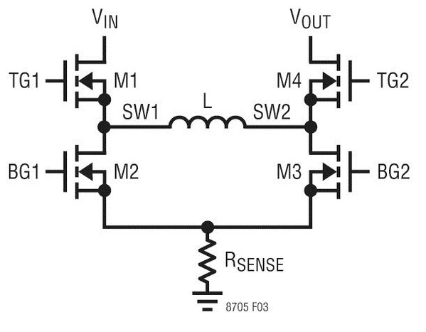 图3 : 由LT8705 驱动4 个MOSFET 开关的简化示意图