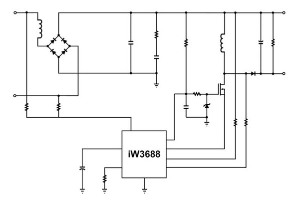 圖3 : 採用iW3688控制器建置的整流器、電流控制與LED驅動器電路