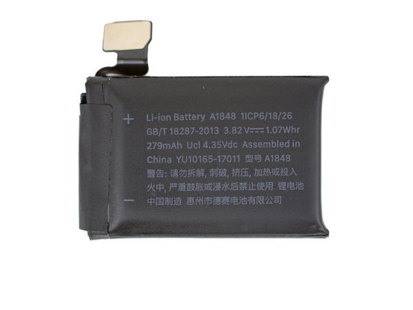圖3 : 列3使用A1848型號的電池，容量為279 mAh，相較於前一代有大約4%的容量提升。(Source: iFix.com)