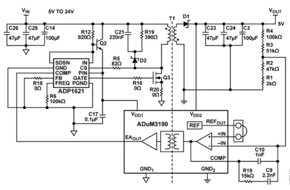 图7 : 使用 ADuM3190 磁性隔离放大器与ADP1621升压DC-DC切换控制器的公版设计。（source：Analog Devices）