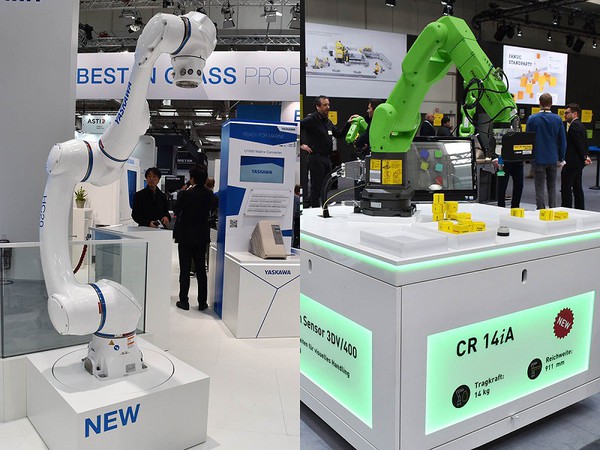 图5 : 安川电机的工业用协助机器人「MOTOMAN HC20」(左)，以及涂装成绿色的新产品「CR-14iA／L」。(source：Robot Digest)