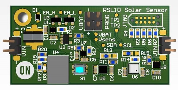 圖一 : RSL10太陽能電池多感測器平台已準備好連接太陽能電池板，並通過藍牙低功耗傳輸感測器資料。