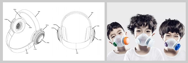 图三 : 左为Dyson近期提出的个人用空气清净装置专利说明；右为小米的F95儿童矽胶囗罩，新的智慧囗罩正在研发中。