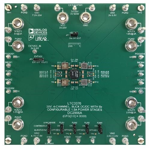 图五 :  LTC3376展示板为一款4 × 3 A 降压解决方案，可输出5 V、3.3 V、2.5 V、以及1.8 V等电压
