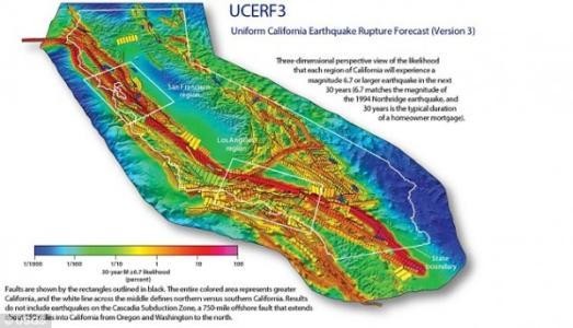 圖3 : 聖安德烈亞斯斷層縱貫南北，地質災害頻傳，若發生七級以上的大地震，將會嚴峻考驗加州的防災基礎設施和急救災難能力。（source：USGS）