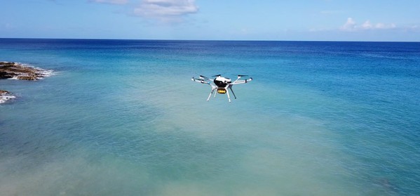 图1 : DMI无人机向维京群岛运送紧急医疗物资。氢燃料电池组可为无人机实现超过 2 个小时的飞行时间，因而实现了此一应用；其飞行时间比大多数电池供电无人机长4倍。
