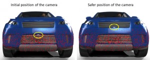圖6 : 車輛表面的碰撞點圖。（左）相機的初始位置；（右）相機更安全的位置