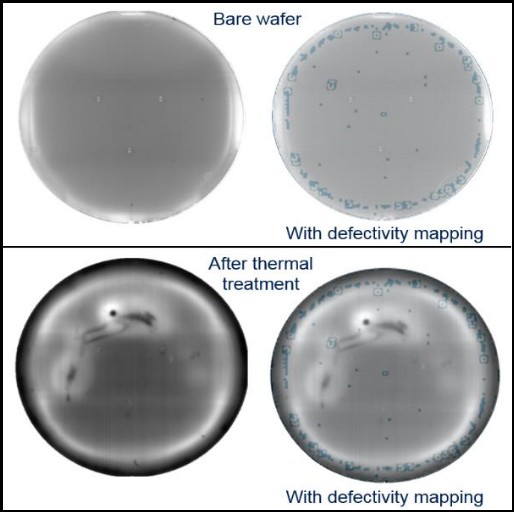 圖11 : 受污染的裸晶圓片的光致發光圖（左側）及其與缺陷率圖的疊加圖（右側），熱處理後的受污染的裸晶圓片的光致發光圖（左側）及其與缺陷率圖的疊加圖（右側）。