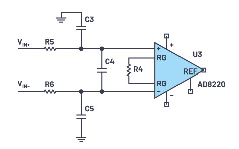 图六 : AD8220的「RFI滤波器」应用电路图（source：ADI）