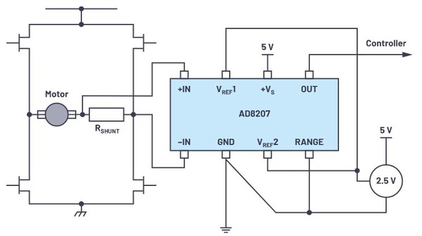 图八 : 使用AD8207进行双向共模高摆幅电流检测（source：ADI）