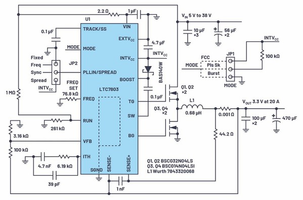 图1 : 基於LTC7803的转换器电气原理图，VIN为5 V至38 V，VOUT为3.3 V 20A时。