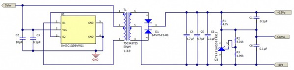 图五 : 利用TIDA-01605的推挽电路来为MOSFET驱动器产生15 V/－4 V