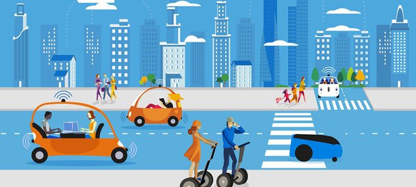 图一 : 发展更先进的车联网整合路侧、号志、车辆、行人等多方来源的数据，提供更安全的移动服务。