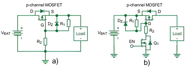 图四 :  a）反接保护和b）使用P通道MOSFET作为负载开关