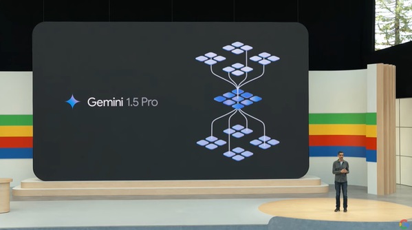圖二 : Google執行長Sundar Pichai在I/O開發者大會中發佈性能更強大的AI模型Gemini 1.5 Pro。（source：Google）